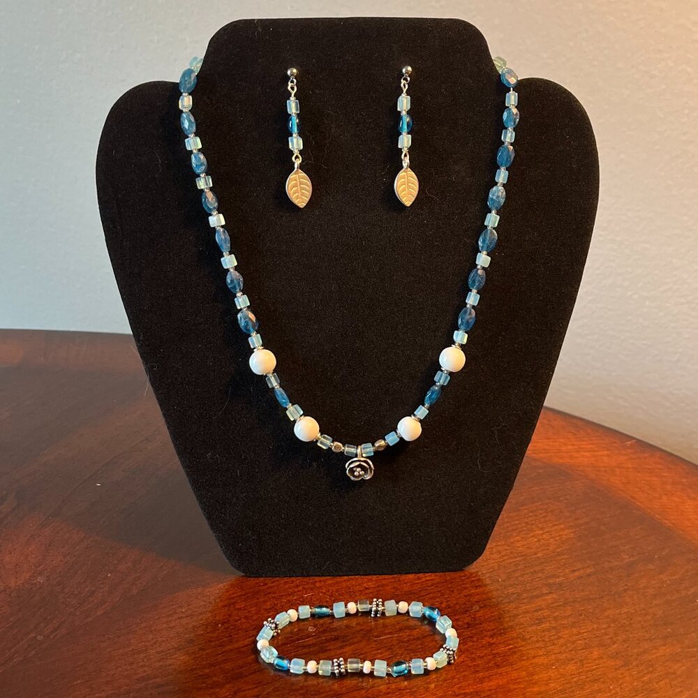 Handmade Necklace, Earring, and Bracelet Set - Blue with Silver Charms